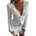 thumbnail image 3 of Womens Cardigan Sweaters Lace Ruffle Trim V Neck Long Sleeve Button Front Ribbed Knit Cute Fitted Crop Tops White M, 3 of 9