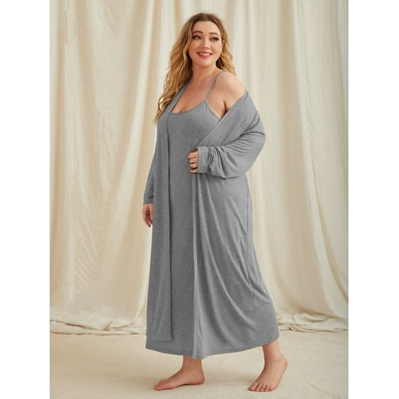 

Casual Women s Plus Solid Open Front Robe Cami Dress PJ Set Light Grey 2XL(16) for Summer F220102Y