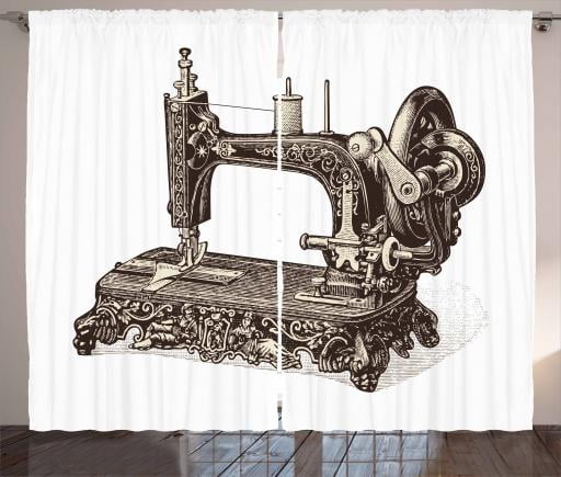 Steampunk Curtains 2 Panels Set Vintage Sewing Machine Hand Drawn