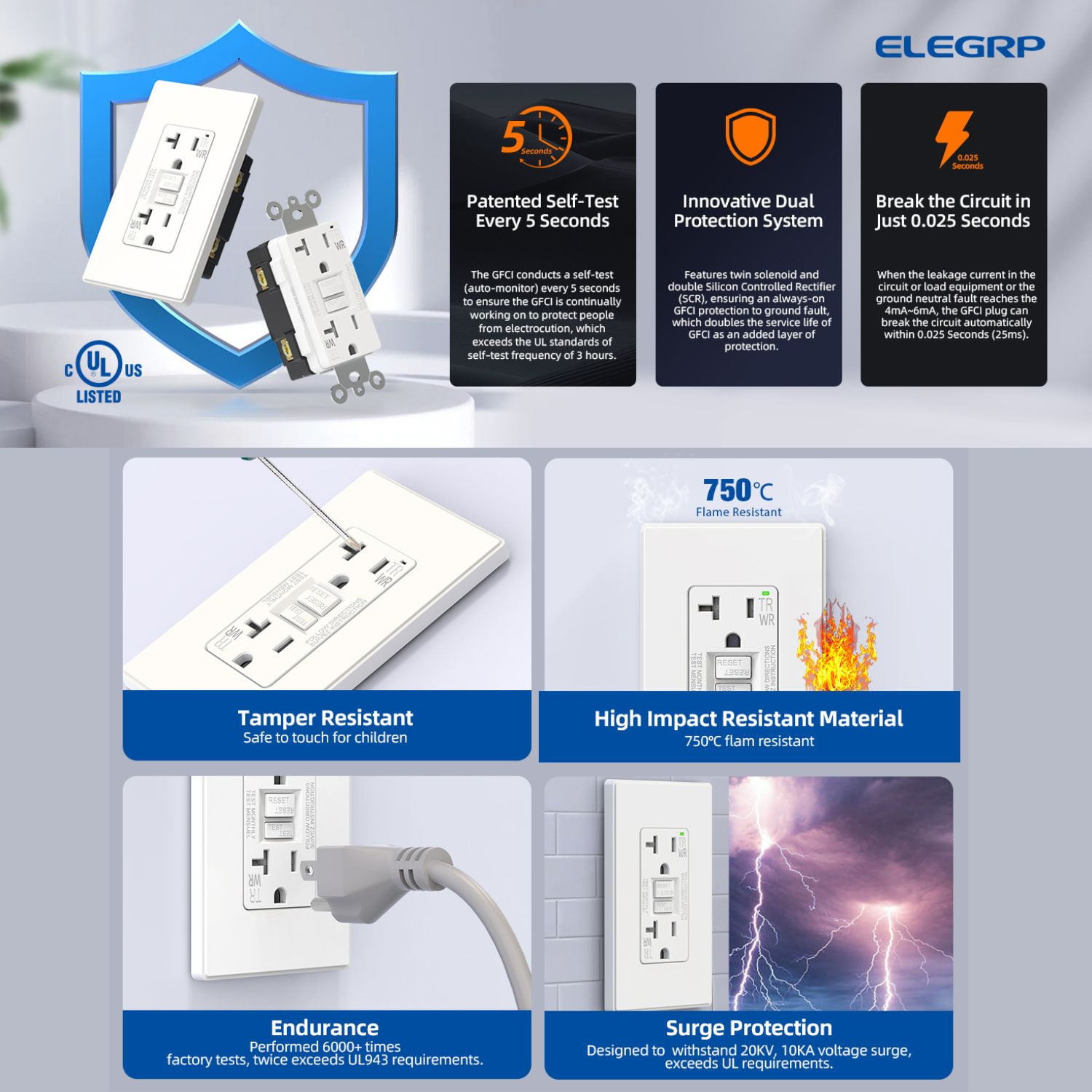 ELEGRP GFCI Outlet Outdoor, 20 Amp Electrical Outlet, Weather & Tamper Resistant GFCI Receptacle, Ground Fault Receptacle with Screwless Wall Plate, UL Listed, White 10PC