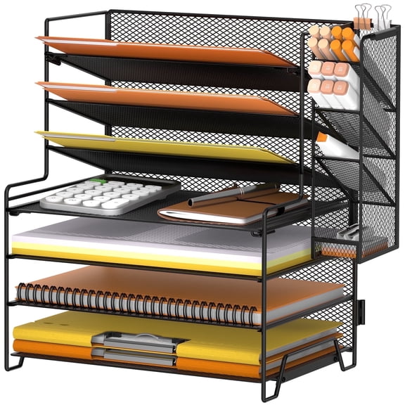 INTIGE 7-Tier Metal Mesh Desk File Organizer with Pen Holder, Paper Organizer, Black