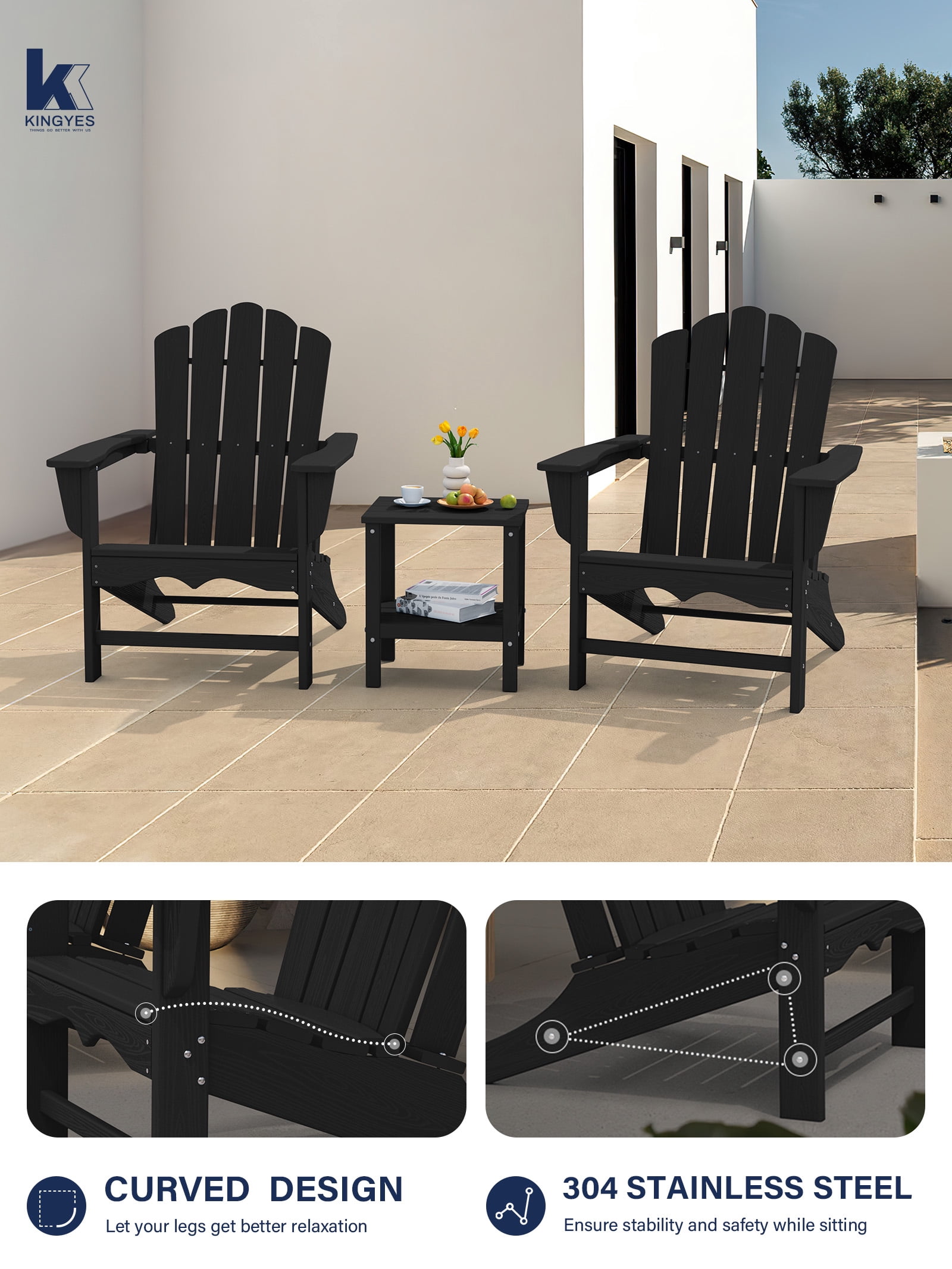 KINGYES HDPE Adirondack Chair, All-Weather Outdoor Fire Pit Chairs for Patio Deck Lawn, Black