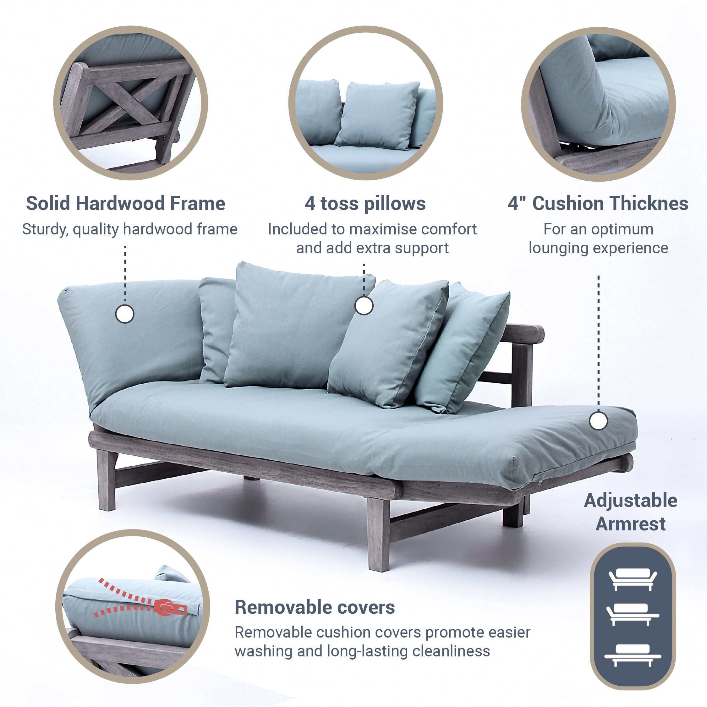 Westlake Solid Wood Outdoor Convertible Sofa Daybed, Gray Cushion