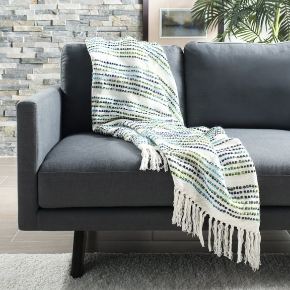 SAFAVIEH Landra Cotton Striped Fringe Throw, 60" x 72", Blue/White