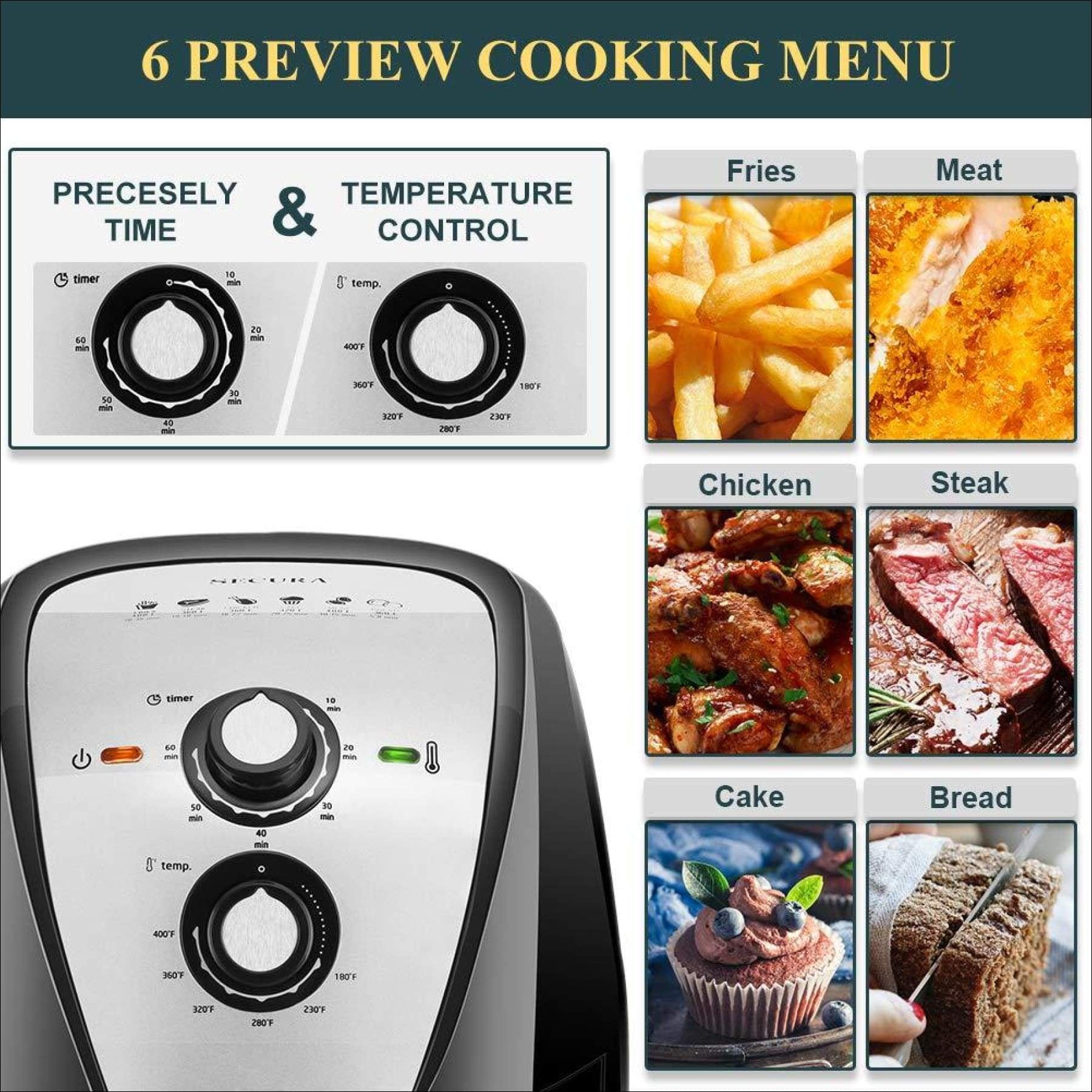 with Automatic Timer & Temperature Control 1800 Watts Air Fryer for Healthy Oil Free Cooking 5.5 Quart Secura Electric Hot Air Fryers Extra Large Capacity 5.2 Liter 