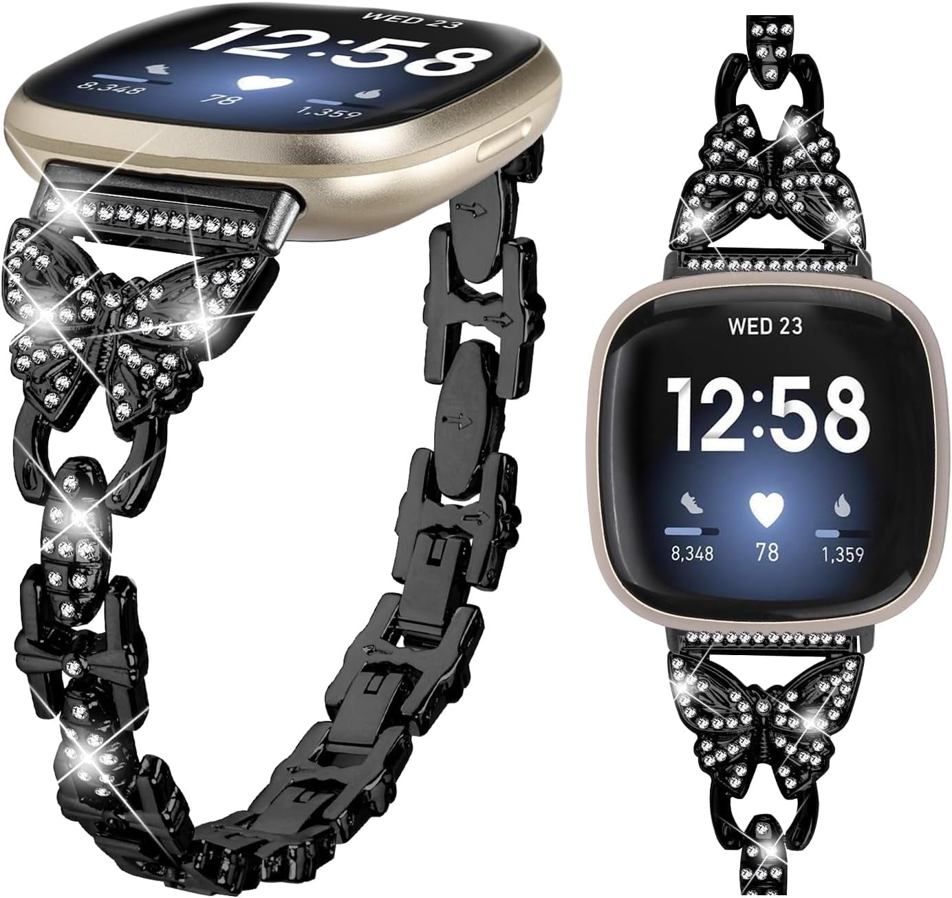 REQO Bling Bands Compatible with Fitbit Versa 4/Sense 2/Versa 3/Sense, Shinny Metal Bracelet Straps Luxurious Rhinestone Replacement Wristband for Women