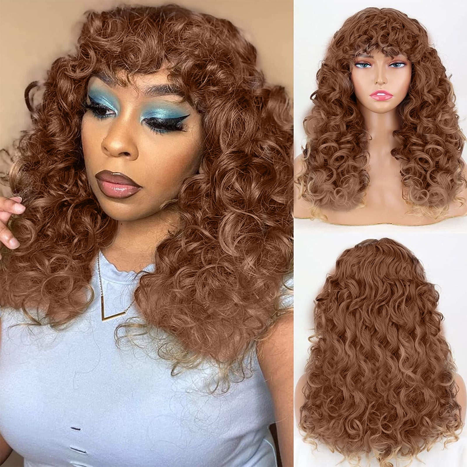 YSGFHGJW Human Hair Wig,Long Curly Wig With Bangs Hair Wig For Women Synthetic Natural Wig Various Colors Available Daily Wear Party And Cosplay Soft Wig,Coffee