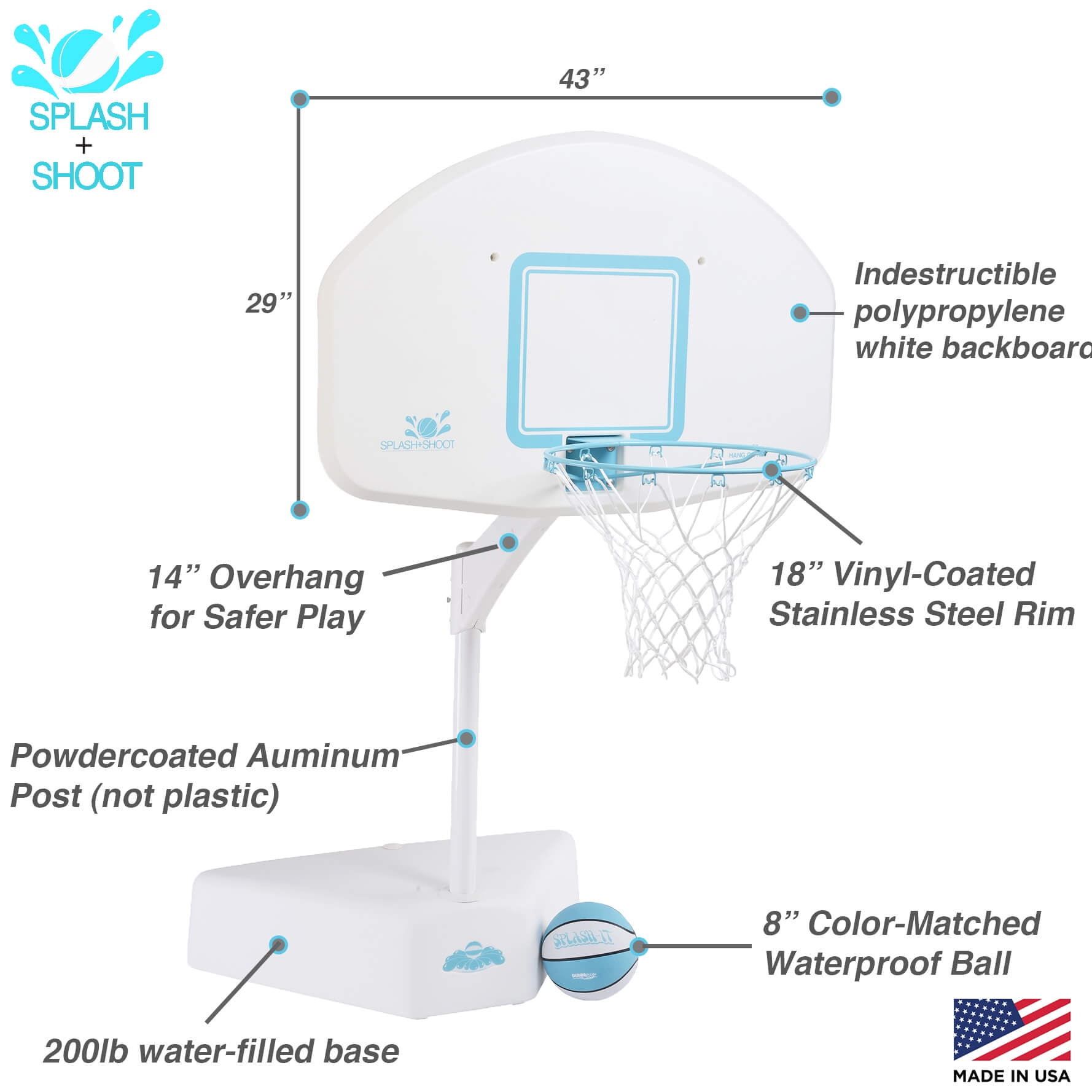 Dunn-Rite Products 23" - 53" Adjustable Pool Basketball Hoop, Weatherproof, 43"x 29" Backboard, 200lbs Base, White Aqua Color (Teen and Adults)