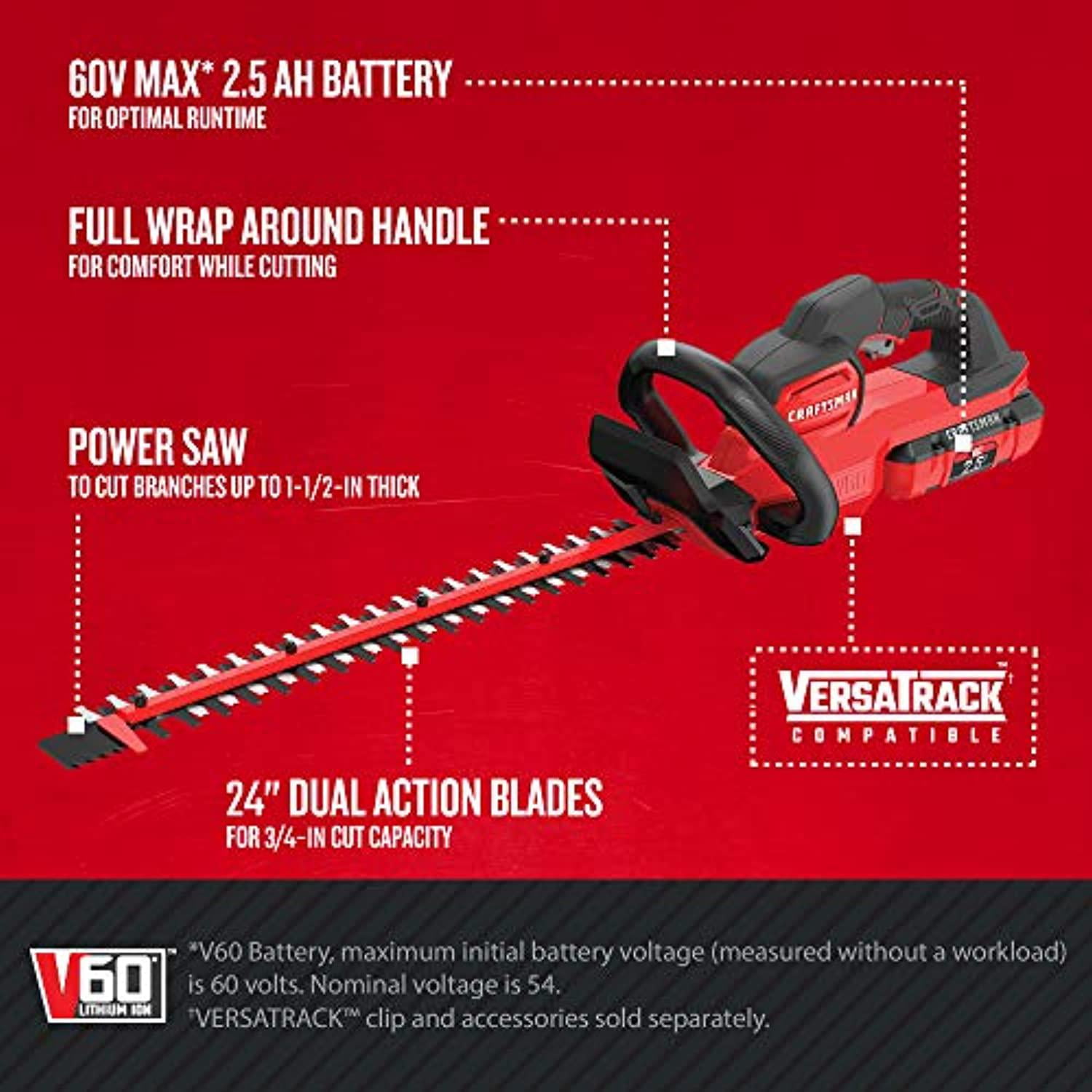CRAFTSMAN V60 Cordless Hedge Trimmer 24 Inch CMCHTS860E1