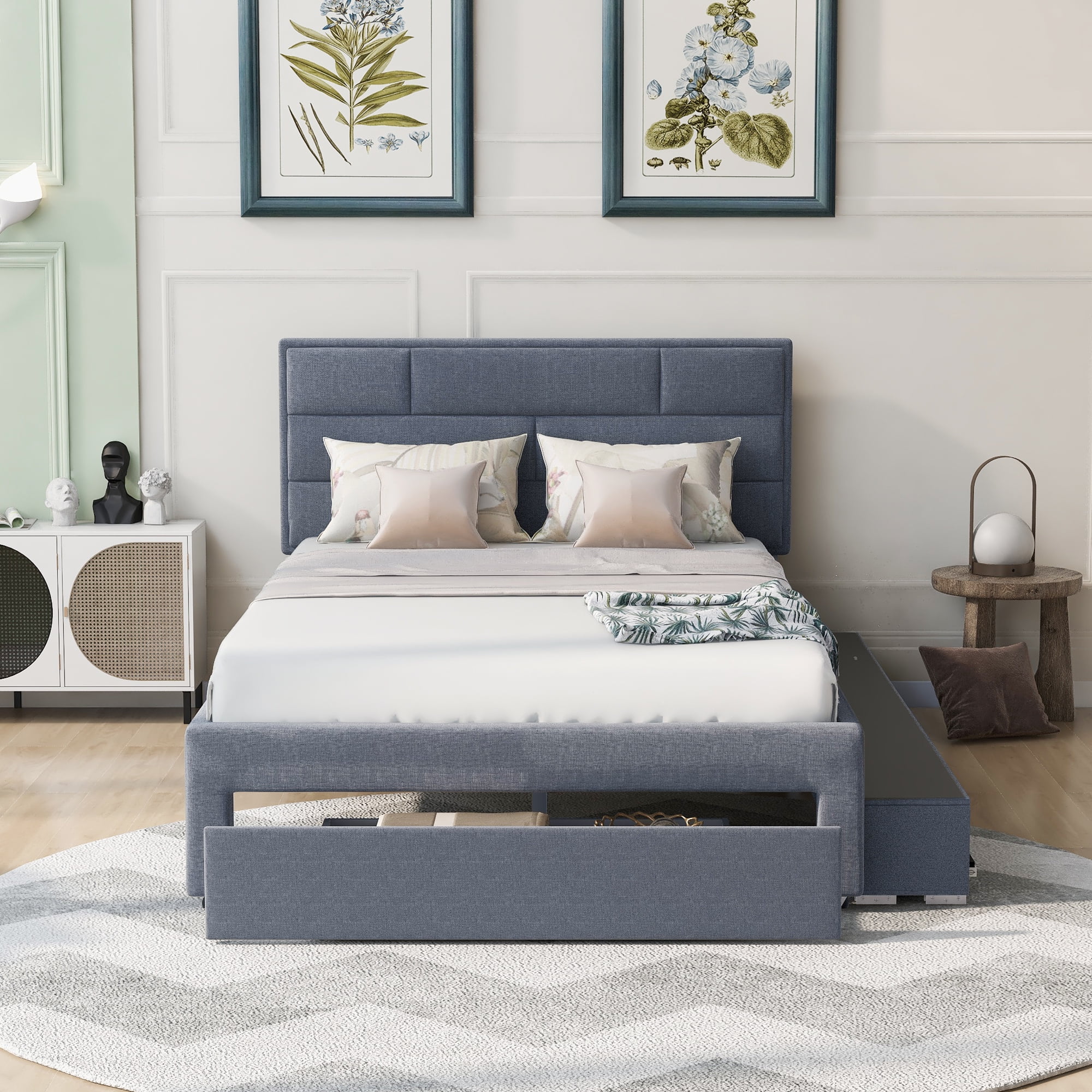 Full Size Linen Upholstered Platform Bed with a Drawer and Shelves for Kids Bedroom, Gray
