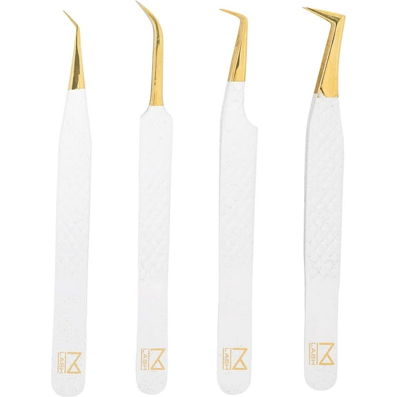 M LASH Set Of 4 Diamond Grip Eyelash Extensions Tweezers - Japanese Steel Lash Supply (White)