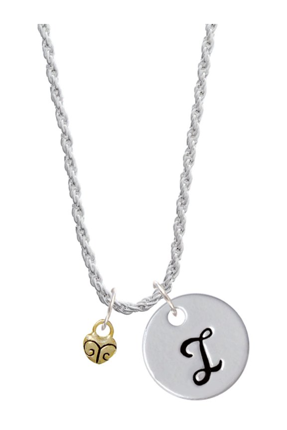 Goldtone Mini Scroll Heart Silvertone Script Initial Disc - I - Charm Necklace, 20"+3"