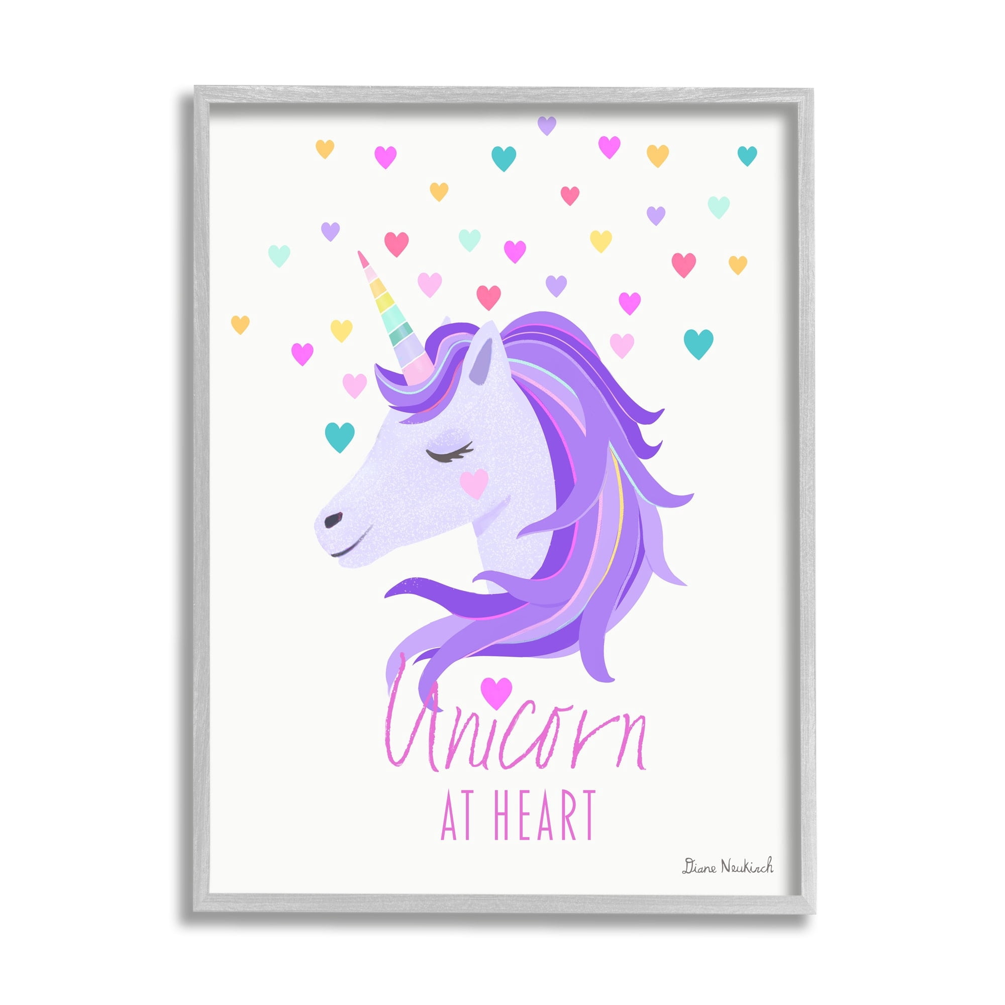 Stupell Industries Unicorn At Heart Phrase Pastel Purple Hearts Pattern Graphic Art Gray Framed Art Print Wall Art, Design by Diane Neukirch