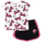 Barbie Big Girls French Terry T-Shirt and Active Retro Dolphin Shorts Outfit Set Toddler to Big Kid