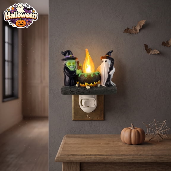 Qocolcyl Halloween Witch Ghost Cauldron Plug In Night Light, Resin LED Decorative Wall Nightlamp, Indoor Halloween Decorations, Spooky Scene Light for Bedroom Mantel Halloween Party Holiday Gift