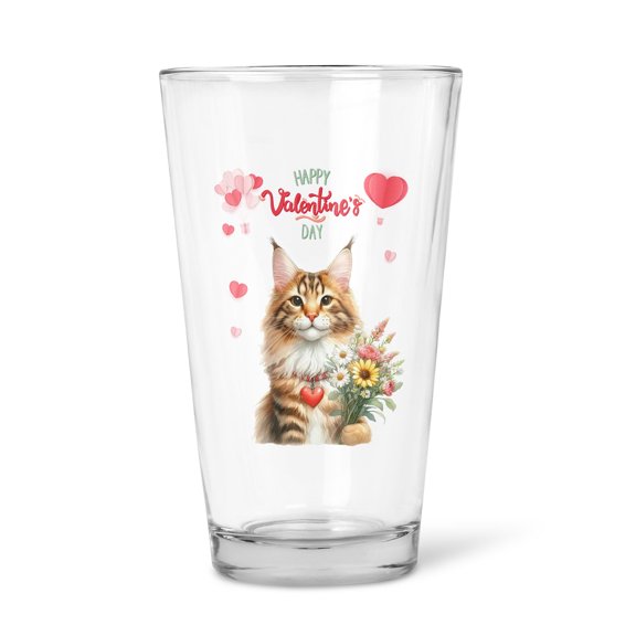 Happy Valentine's Day Maine Coon holding flowers 16oz Pint Beer Glass Mug Cat Lover Kitten Owner Gifts Beer Glasses Cup - 3005