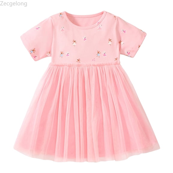 Zecgelong Girl's Lace Dress Summer Dresses Short Sleeve Tiered Swing Midi Casual For 2 To 7 Years Girls Summer Dresses Size 2-3 Years Pink