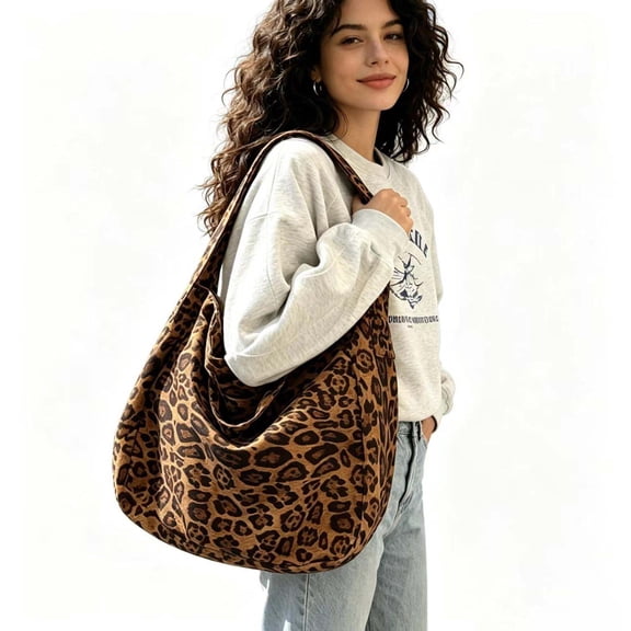 Leopard Print Canvas Hobo Crossbody Bag Large Capacity Casual Shoulder Tote Bag for Women Vintage Cheetah Print Daily Handbag
