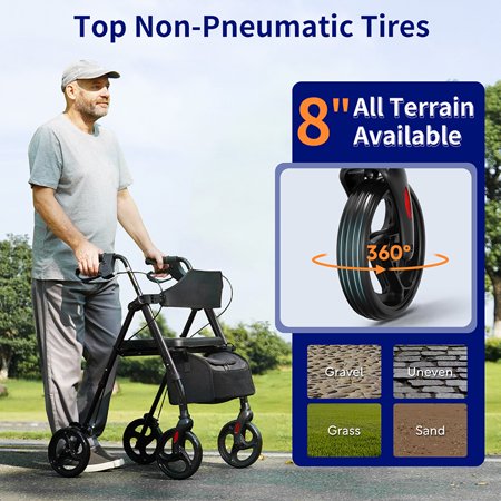 VOCIC Black Rollator Walker | 330lb Capacity | Adjustable Backrest & Indoor/Outdoor Wheels