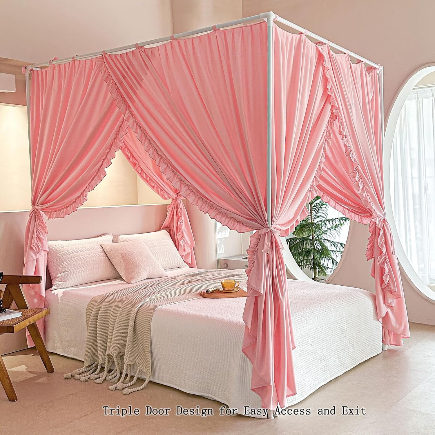 Princess Canopy Bed Curtains with Top Ties - Windproof & Lightproof for Girls' Adult Bedroom Decor | Bed Canopy Drapes (Twin,Pink)