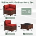 thumbnail image 6 of Poteban 9 Pieces Outdoor Sectional Sofa Set , PE Wicker Rattan Slanted Back Outdoor Conversation with Cushions and Glass Coffee Table for Backyard Garden, Wine Red, 6 of 11
