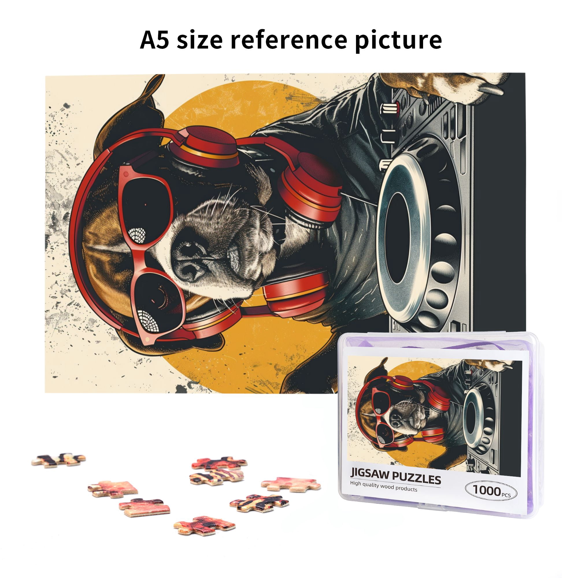 1000 PCS 1000 Piece Wooden Jigsaw Puzzles The Dog That Plays Discs,Funny Artwork For Animal,Strange Animal Imagination,Enjoy The Puzzle Solving Process,Modern Art Animal Puzzle As Home Wall Decor