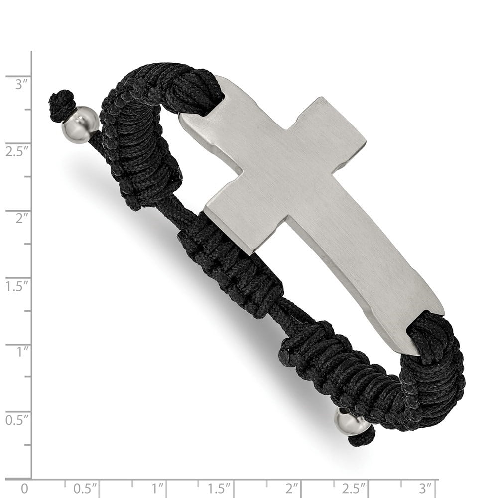 Diamond2Deal Stainless Steel Brushed and Polished Cross Black Nylon Adjustable Bracelet for Men