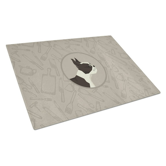 Boston Terrier In the Kitchen Glass Cutting Board Large