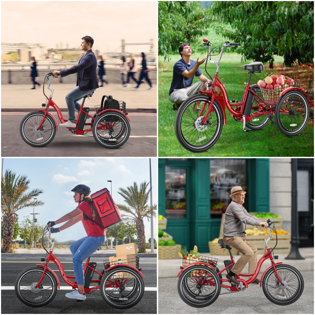 Lilypelle 24" 26" 3 Wheel Electric Tricycle for Adults, 350W 36V 7 Speeds Motorized Electric Trike Three Wheel Electric Bikes Bicycle with Large Basket for Women Men,Red