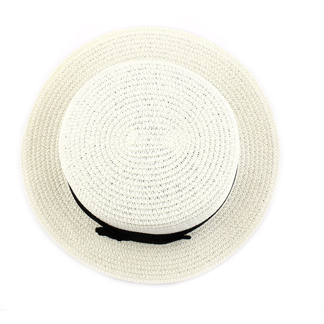 Woman Ribbon Decor Wide Brim Braided Summer Travel Beach Straw Cap Sun Hat Off White