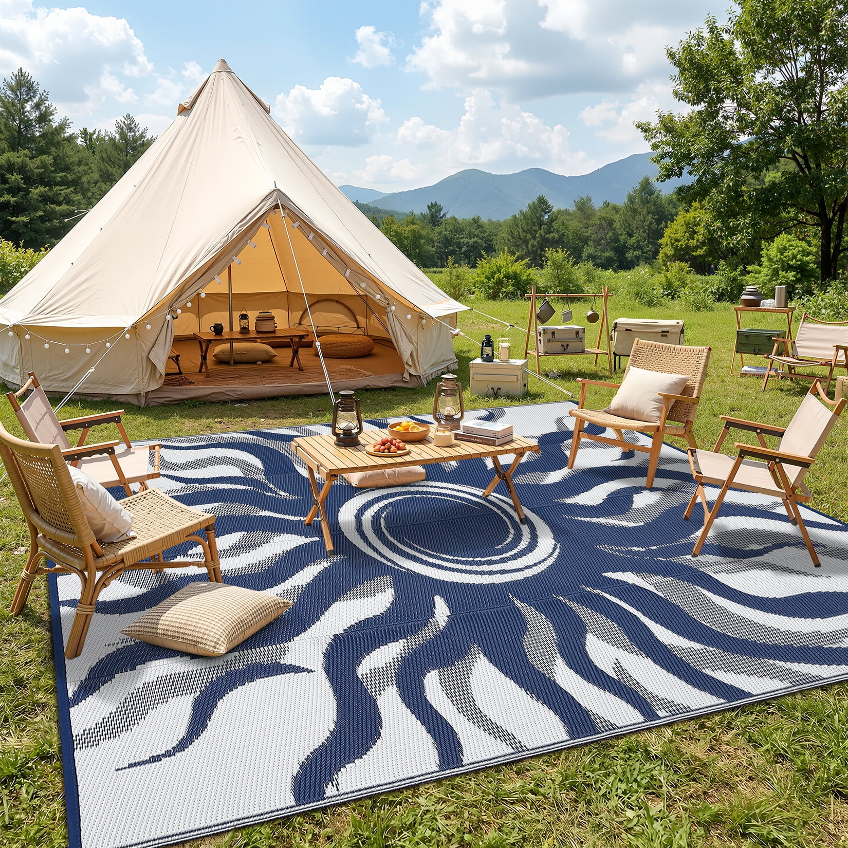 Garvee 9x12ft Outdoor Rug Waterproof Reversible Plastic Straw Rug, Modern Boho Sun Pattern Rug, Large RV Camping Mat Portable Outdoor Carpet for Patio, Balcony, Picnic, Beach, Deck, Dark Blue