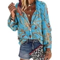 thumbnail image 1 of QELUSQELUS Women Top Long Sleeve Shirt Collar Buttons Down Retro Chain Leisure Blouse, 1 of 2