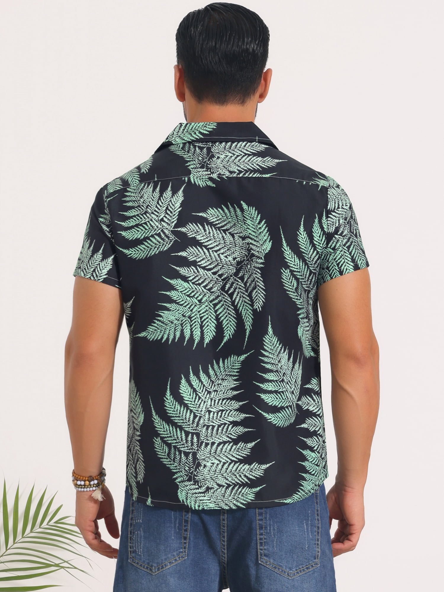 DARING DIVA Men's Short Sleeve Button Down Camp Collar Leaf Print Shirts XL Black Green