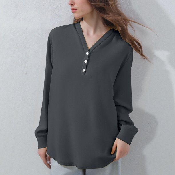 Ailaofu Womens Tops Business Casual Long Sleeve Button V Neck Henley Shirts Fall Trendy Loose Work Office Blouse