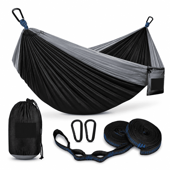 Black & Grey Large Double Camping Hammock with Straps and Carry Bag