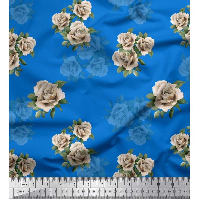 Soimoi Tissu Popeline de Coton Feuilles & Rose Alba Floral Imprimé 1 Yard 56 Pouces de Large