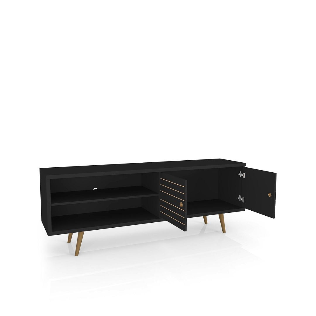 Liberty 62.99" Mid-Century Modern TV Stand with 3 Shelves and 2 Doors  with Solid Wood Legs