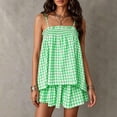 thumbnail image 5 of Hueook Gingham Pajamas for Women Set Fall 2 Piece Outfits Plaid Two-Piece Pajama Camisole Top Wide Leg Shorts Green 2X, 5 of 9