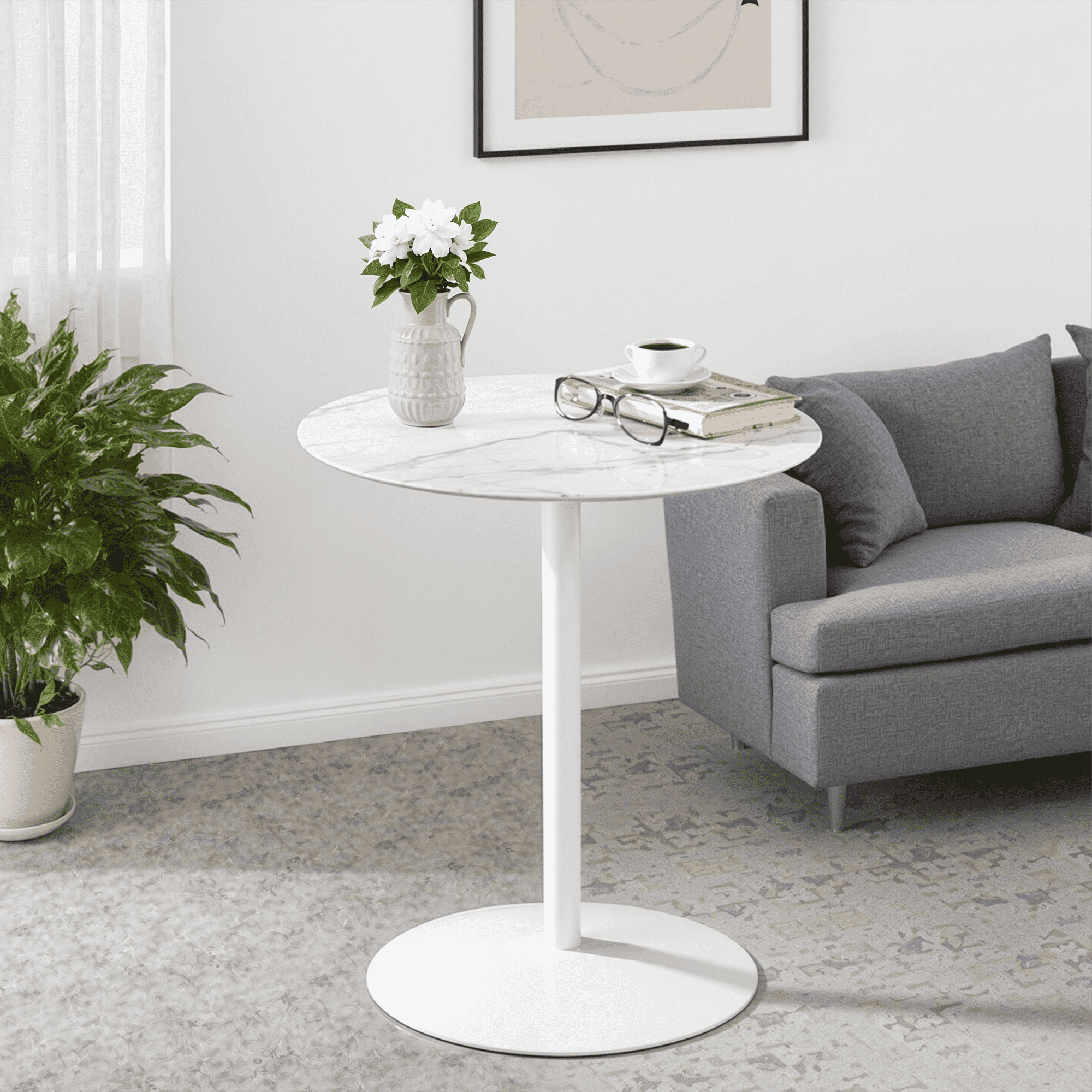 MAYEERTY 17.5" Small Round Side Tulip Table, Marble Textured Glass Top & Steel Foundation, Seats 2, White