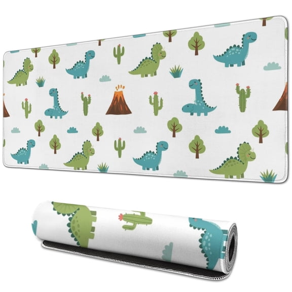 Long Mouse Pads for Desk,White Dinosaurs Volcanoes Cacti Pattern Desk Mats on Top Of Desks, Desk Mouse Pad Extra Large with 3mm Non-Slip Base and Stitched Edge for Gaming,Office,Work,Home 31.5"x11.8"