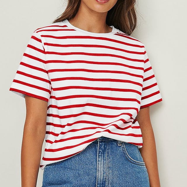 Blouses pour Femmes, Blouses Décontractées à la Mode pour Femmes, T-Shirt Rayé, Col Rond, Manches Courtes