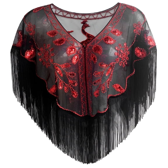 TELOLY Women's 1920s Sequin Shawl with Peacock Pattern – Retro Mesh Evening Wrap Cape for Gatsby Party, Wedding, Prom, Cocktail Dress