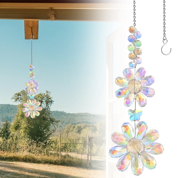 FENGGHAO Double Sunflower Crystal Sun Catcher, Colorful Rainbow Maker Window Hanging Ornament with Prism Effects for Indoor Outdoor Garden Home Decor