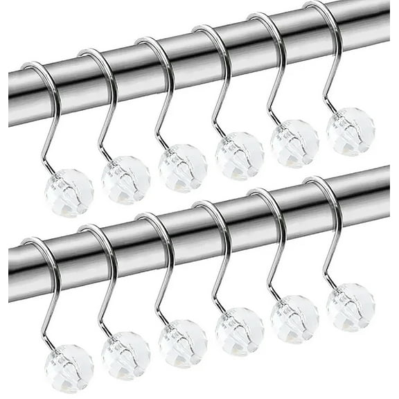 12 Piece Set - 12pcs Crystal Clear Sphere Shower Curtain Hooks Rings Rustproof