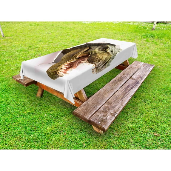 Dinosaur Outdoor Tablecloth, Dangerous Dinosaur Tears Up the Paper Wall Image Scary Break Scenery, Decorative Washable Fabric Picnic Tablecloth, 58 X 120 Inches, Green Army Green White, by Ambesonne