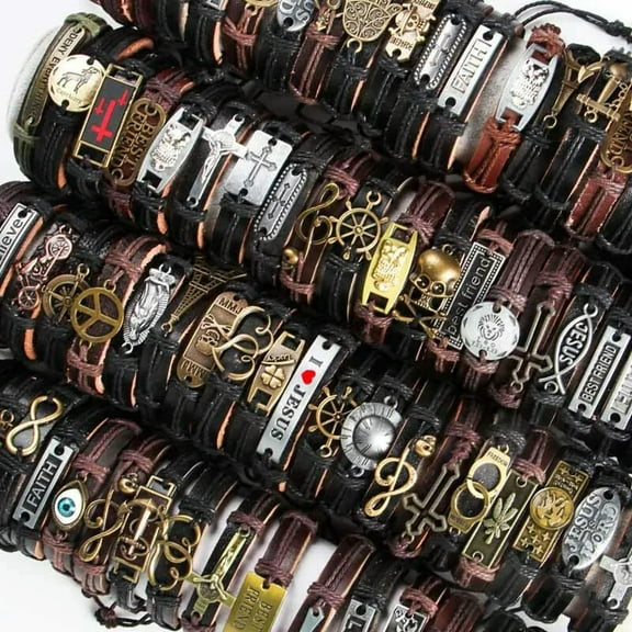 HOOUN 30pcs/lot Mix Styles Metal Leather Cuff Punk Jesus Biker Bracelets Men's Women's