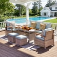 thumbnail image 2 of MEISSALIVVE 6 Pieces Patio Furniture Set with Dining Table, Outdoor Wicker Conversation Set with Fixed Chairs, Wood Armrest, 2 Ottomans, Blue, 2 of 7