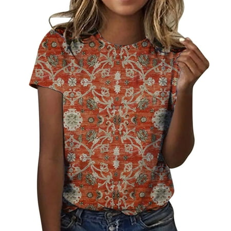 

GWAABD Pajama Tops For Women Women Round Neck Digital Print Short Sleeve Loose T Shirt Top