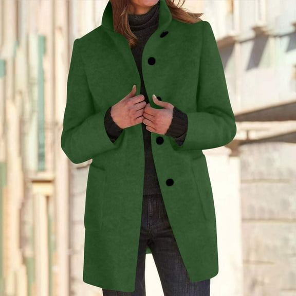 ClodeEU Women's Wool Blend Stand Collar Single Breasted Pea Coat ,Long Sleeve Warm Winter Outwear With Pockets Green,Womens Plus S