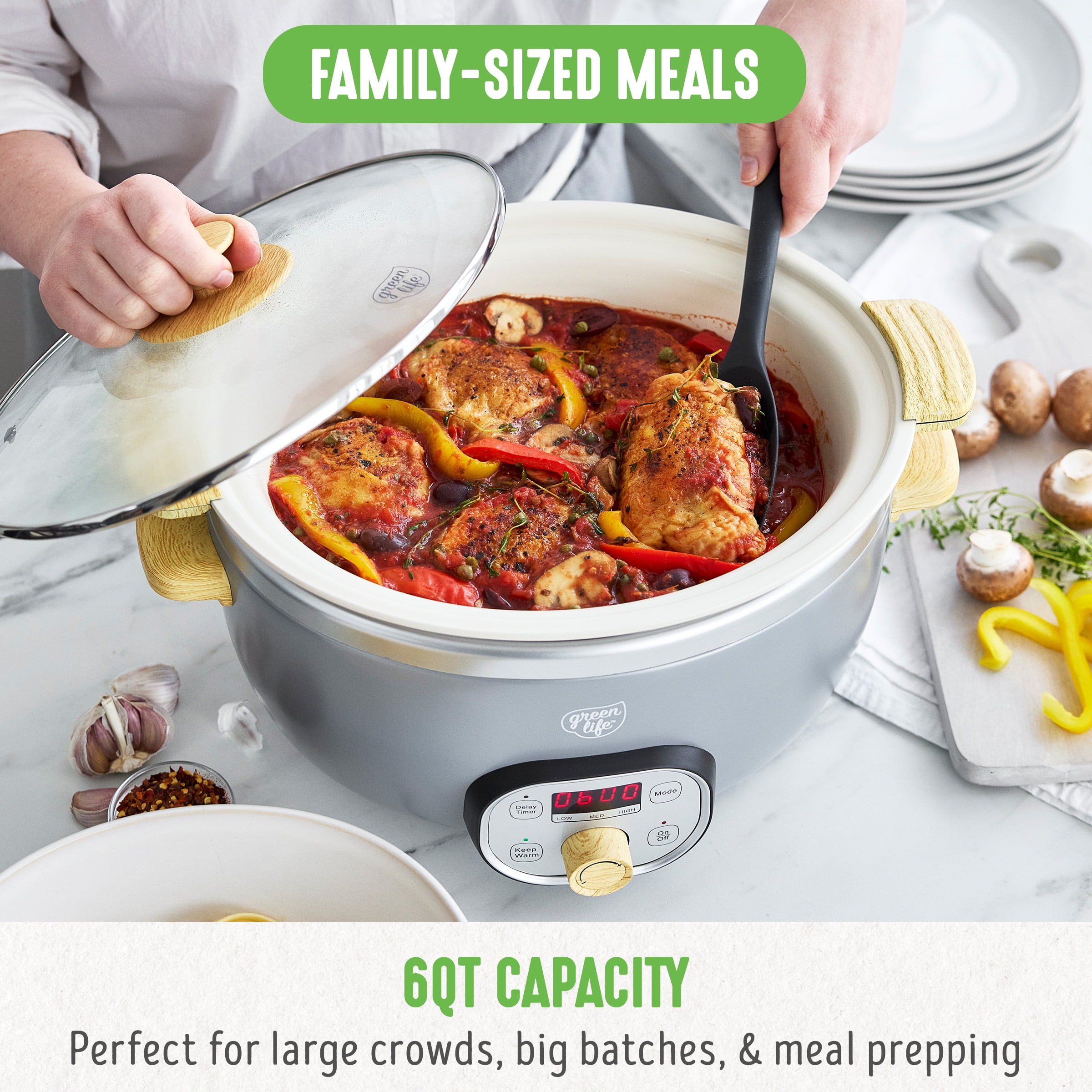 GreenLife 6 Quart Non Stick Family Meal Slow Cooker with Removable Pot, Grey
